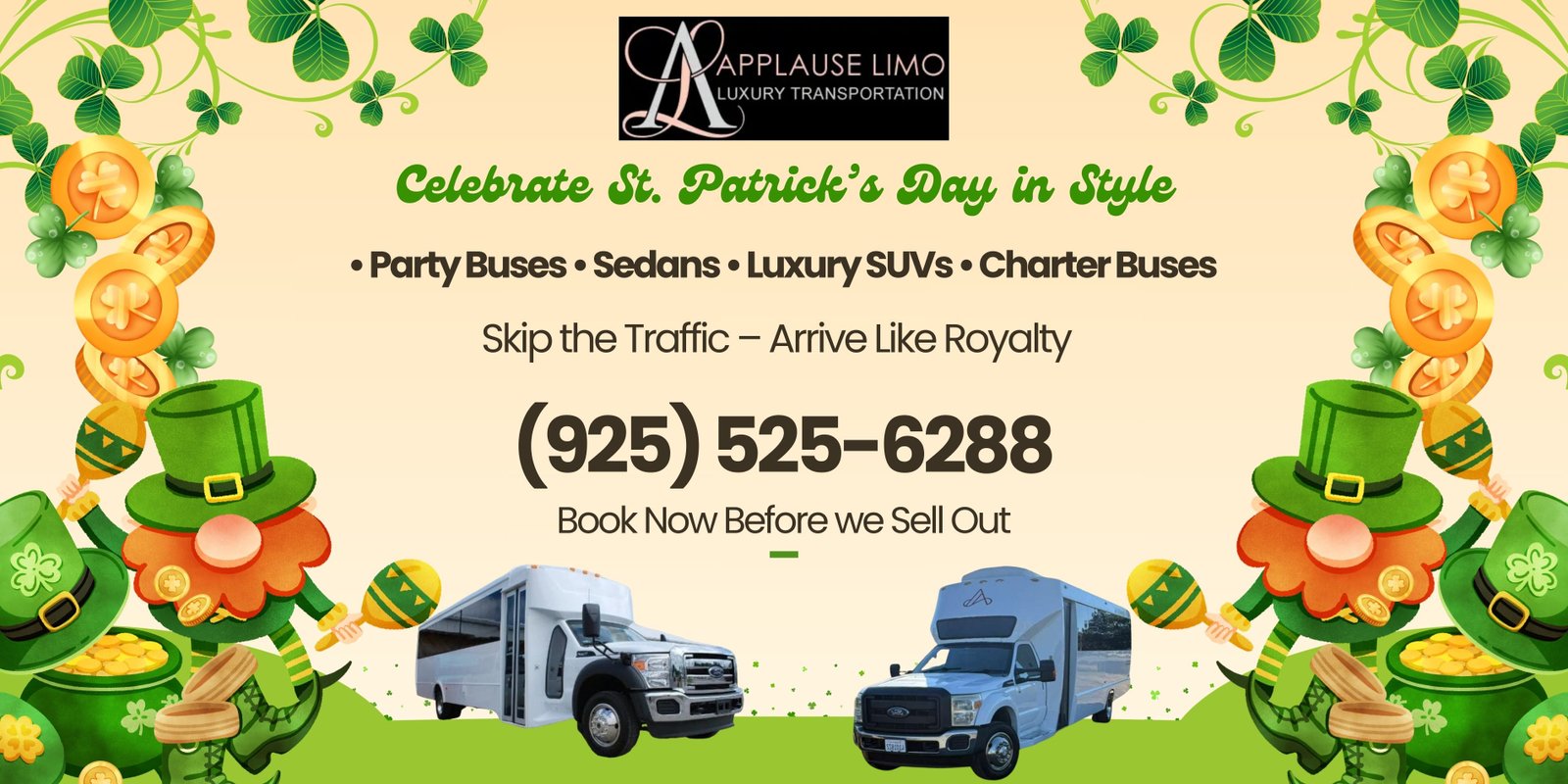 St. Patrick’s Day Limo Service in San Jose, Livermore & Pleasanton St. Patrick’s Day is one of the most exciting nights of the year across the Bay Area. From lively pub crawls in Downtown San Jose to festive gatherings in Livermore and Pleasanton, the celebrations bring packed streets, high demand for transportation, and unforgettable memories. This year, elevate your celebration with professional St. Patrick’s Day limo service in San Jose, Livermore, and Pleasanton by Applause Limousine. Travel safely, arrive in style, and enjoy every moment without worrying about traffic, parking, or designated drivers. St. Patrick’s Day Limo Service in San Jose Downtown San Jose comes alive on St. Patrick’s Day. Whether you’re visiting San Pedro Square, Santana Row, or attending a private event, our San Jose St. Patrick’s Day limousine service ensures: • On-time pickups and drop-offs • Safe group transportation • Luxury interiors with premium comfort • Stress-free bar hopping experience Avoid crowded parking garages and surge-priced rides. With a professional chauffeur, your celebration starts the moment you step inside the vehicle. Livermore St. Patrick’s Day Limousine Rental Planning a winery celebration or private party? Our St. Patrick’s Day limo service in Livermore is ideal for: • Wine tasting tours • Group pub crawls • Private house parties • Corporate St. Patrick’s Day events Enjoy luxury transportation between venues while keeping your group together and comfortable. With hourly service options, you stay in control of your schedule. Pleasanton St. Patrick’s Day Transportation Service Celebrating in Downtown Pleasanton or nearby areas? Our Pleasanton St. Patrick’s Day limo rental offers elegant and reliable transportation for: • Couples enjoying Irish-themed dinners • Friends planning a festive night out • Corporate holiday gatherings • Private VIP events Choose from stretch limousines, luxury SUVs, or executive sedans — all maintained to the highest safety and cleanliness standards. Why Book a St. Patrick’s Day Limo in the Bay Area? St. Patrick’s Day is one of the busiest nights for transportation in the Bay Area. Booking a professional limousine service provides: ✔ Safe and responsible celebration ✔ No parking or traffic stress ✔ Group-friendly travel ✔ Luxury comfort and privacy ✔ Professional, licensed chauffeurs ✔ Reliable service across San Jose, Livermore, Pleasanton & surrounding cities Instead of coordinating multiple cars or relying on unpredictable ride shares, enjoy a seamless, VIP-level experience. Serving the Greater Bay Area In addition to San Jose, Livermore, and Pleasanton, Applause Limousine proudly serves: • Dublin • Fremont • Milpitas • Walnut Creek • Oakland • Surrounding Bay Area communities Wherever you’re celebrating, we provide dependable St. Patrick’s Day transportation in the Bay Area. Book Early – St. Patrick’s Day Demand Is High St. Patrick’s Day limousine rentals in San Jose, Livermore, and Pleasanton sell out quickly. To secure your preferred vehicle and time slot, early reservations are strongly recommended. Whether you’re planning a lively bar crawl, a romantic evening, or a group celebration, Applause Limousine ensures your holiday is safe, stylish, and unforgettable. Reserve Your St. Patrick’s Day Limo Today Make this St. Patrick’s Day extraordinary with luxury transportation tailored to your celebration. Book your St. Patrick’s Day limo service in San Jose, Livermore, or Pleasanton today and experience first-class service from start to finish. Celebrate responsibly. Arrive in style. Ride with Applause Limousine.